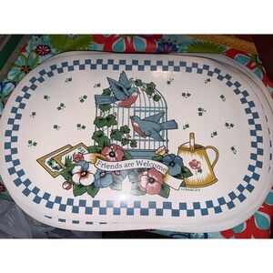 Vintage Franco Friends Are Welcome Bird Placemats Set of 8 Blue White Oval 17in